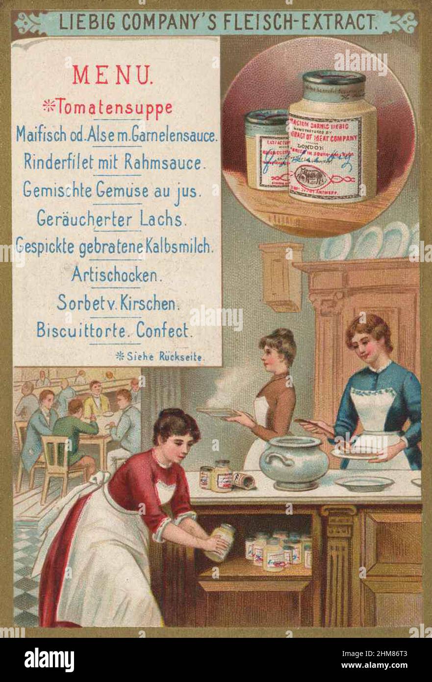 Bilderserie Menü, mit Lachs  /  Image series menu, with salmon, digital improved reproduction of a collectible image from the Liebig company, estimated from 1900, pd  /  digital restaurierte Reproduktion eines Sammelbildes von ca 1900, gemeinfrei Stock Photo