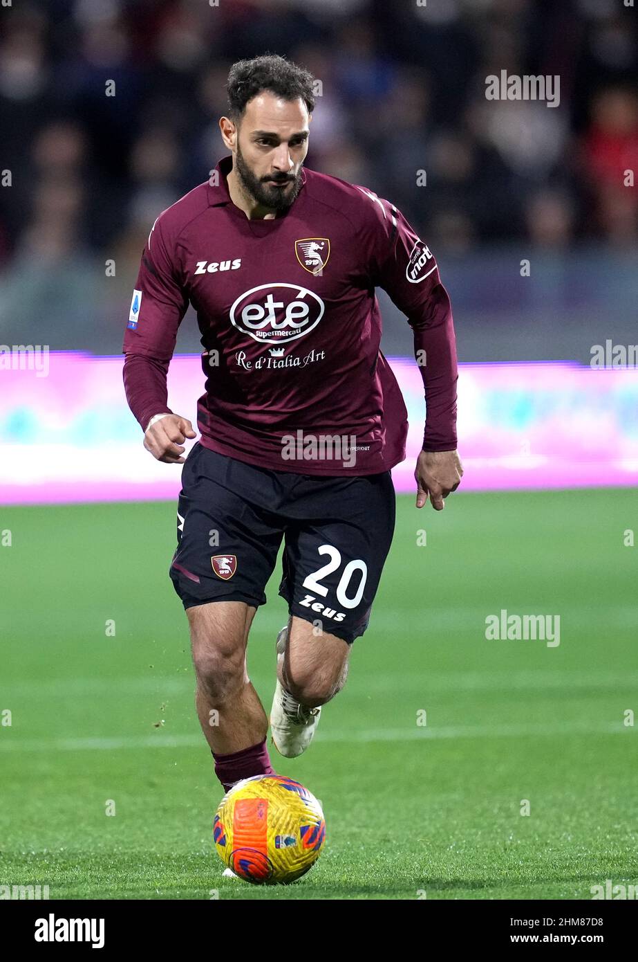 SALERNO, ITALY - FEBRUARY 07: Grigoris Kastanos of US Salernitana in action  ,during the Serie A match between US Salernitana and Spezia Calcio at  Stadio Arechi on February 7, 2022 in Salerno,