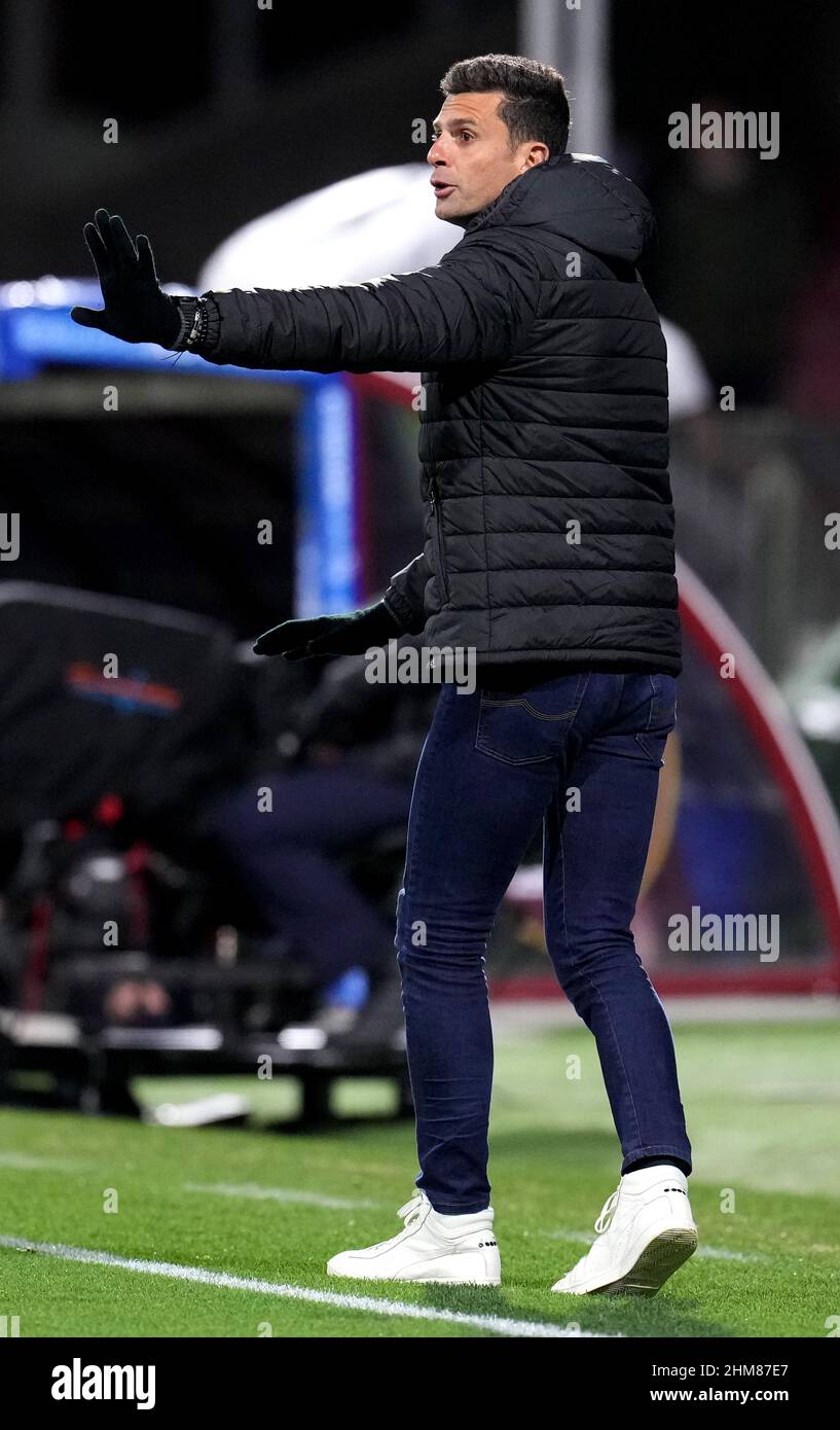 SALERNO, ITALY - FEBRUARY 07: Thiago Motta Head Coach of Spezia Calcio reacts ,during the Serie A match between US Salernitana and Spezia Calcio at Stadio ArImages)echi on February 7, 2022 in Salerno, Italy. (Photo by MB Media) Stock Photo