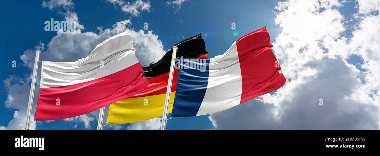 Title: Germany Poland and France flags The meeting will take place on February 8 in Berlin. Stock Photo