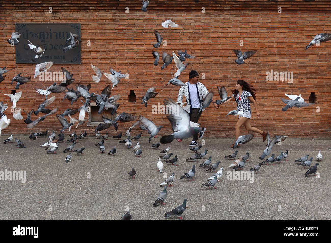 Young Asian Couple with hands joined running and smiling with pigeons flying  in front of the Tha Phae gate , Chiang Mai, Thailand Stock Photo