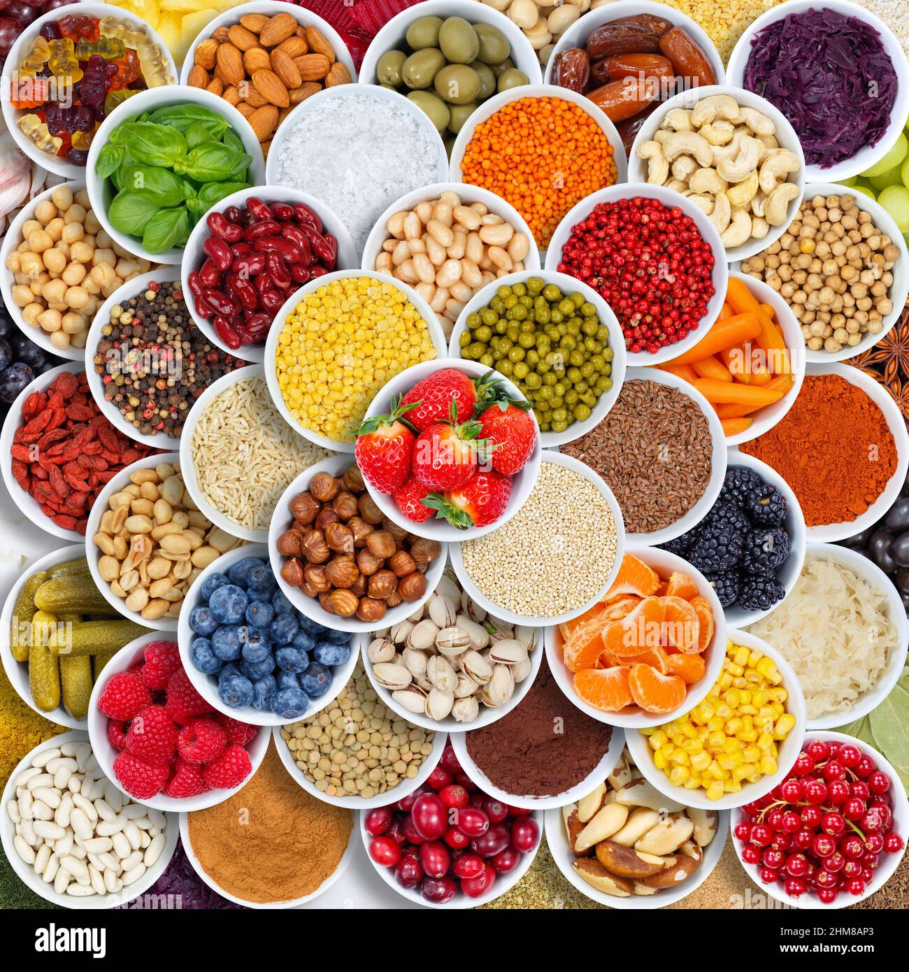 Fruits and vegetables spices ingredients berries food square grapes from above fruit Stock Photo
