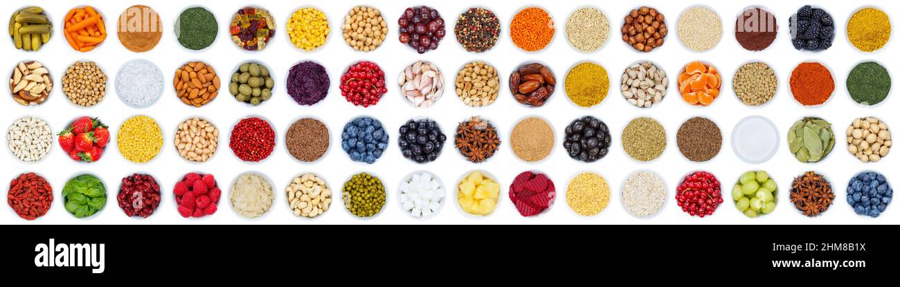 Fruits and vegetables berries spices herbs grapes banner sugar from above isolated on a white background Stock Photo