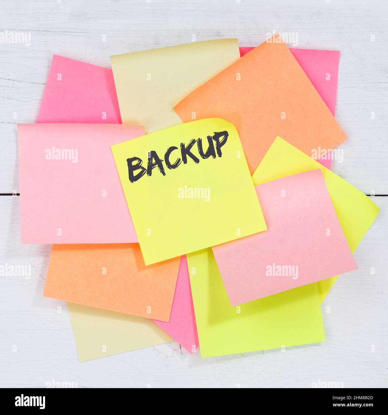 Backup save data on computer technology business concept desk note paper notepaper Stock Photo