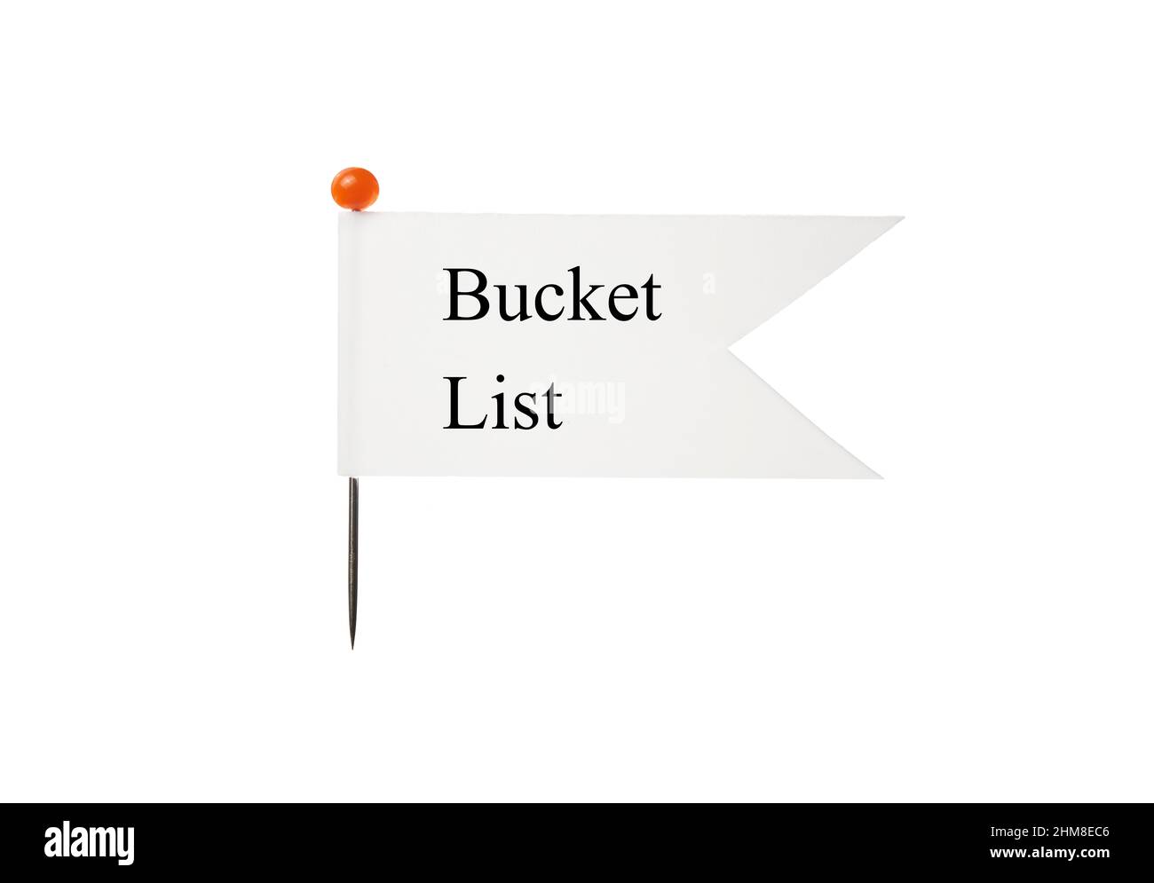 A flag with a white background that has the phrase Bucket List attached to a pin that has a red top in front of a plain white background Stock Photo