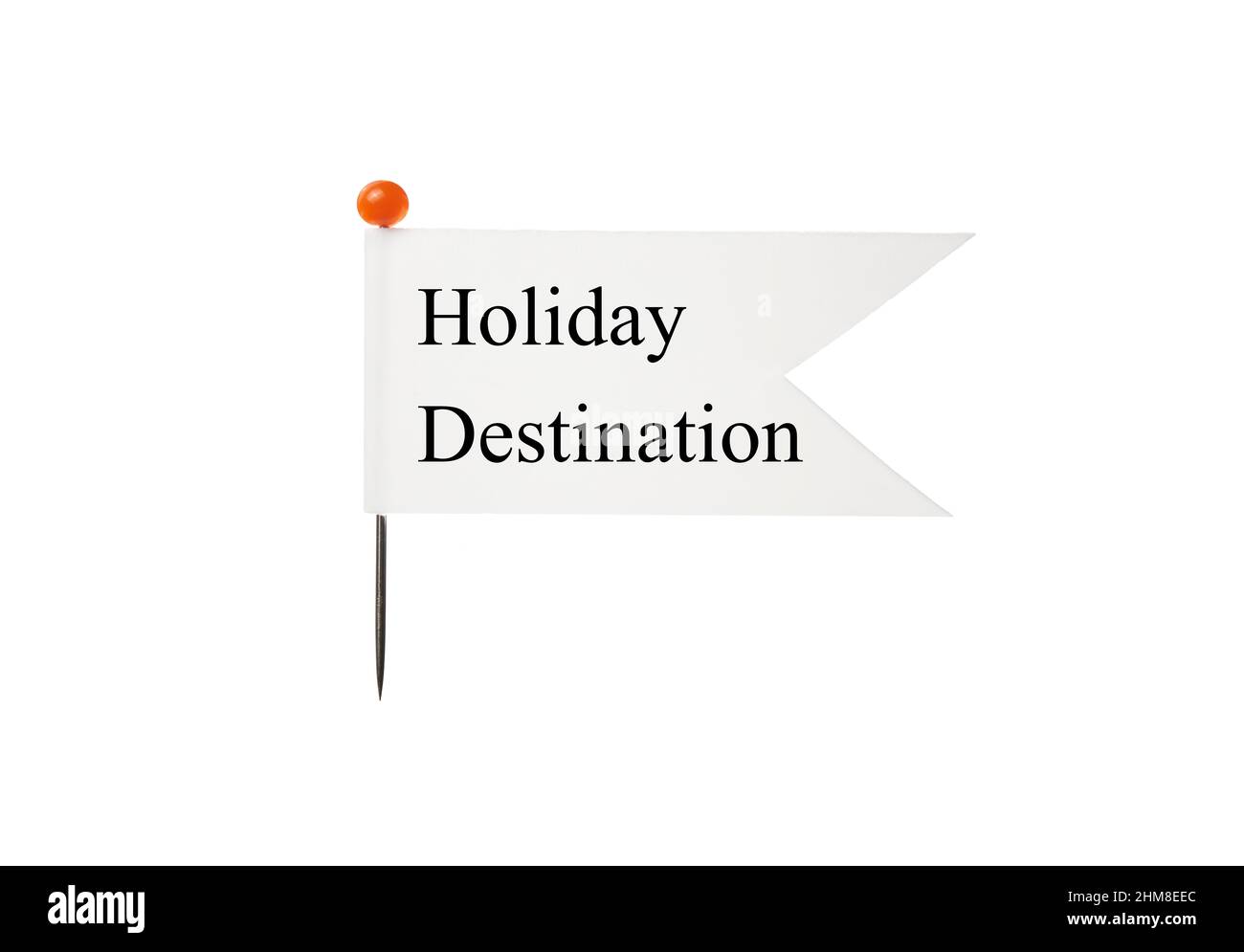 A flag with a white background that has the phrase Holiday Destination attached to a pin that has a red top in front of a plain white background Stock Photo