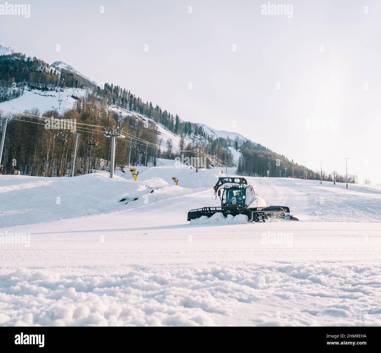 Sochi, Estosadok, Russia, 31 March 2021 Snowcat 'Prinoth' caterpillar