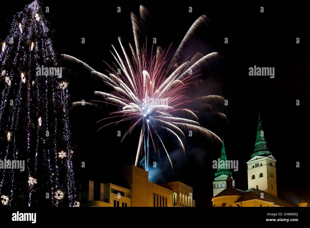 New year eve with fireworks in the Zilina city, Slovakia. Stock Photo