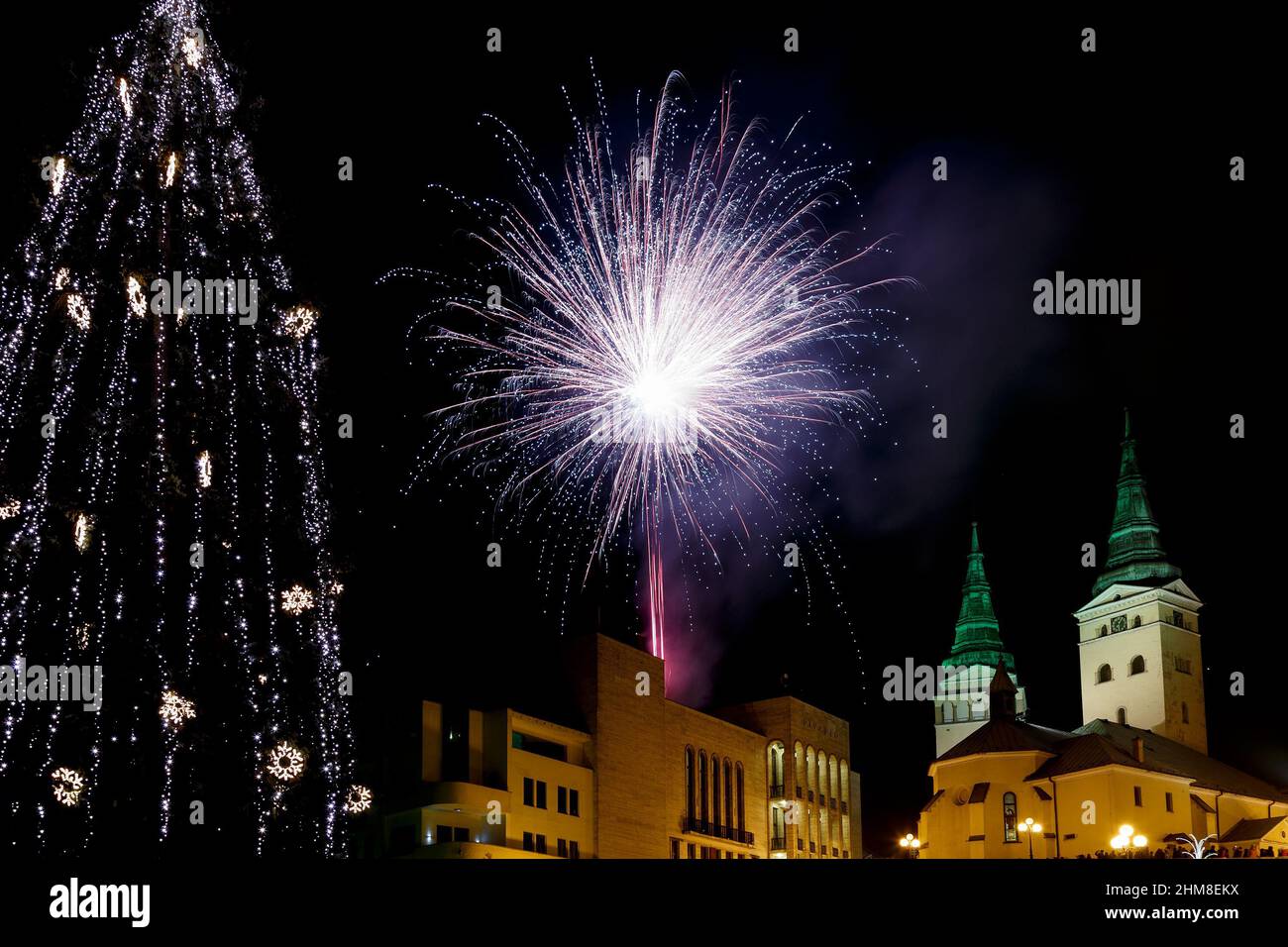 New year eve with fireworks in the Zilina city, Slovakia. Stock Photo