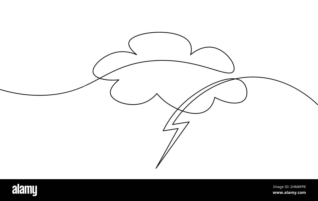 Single continuous line art rainy stormy cloud. Sad emotional cloudy weather lightning design concept. One line sketch outline, vector illustration Stock Vector