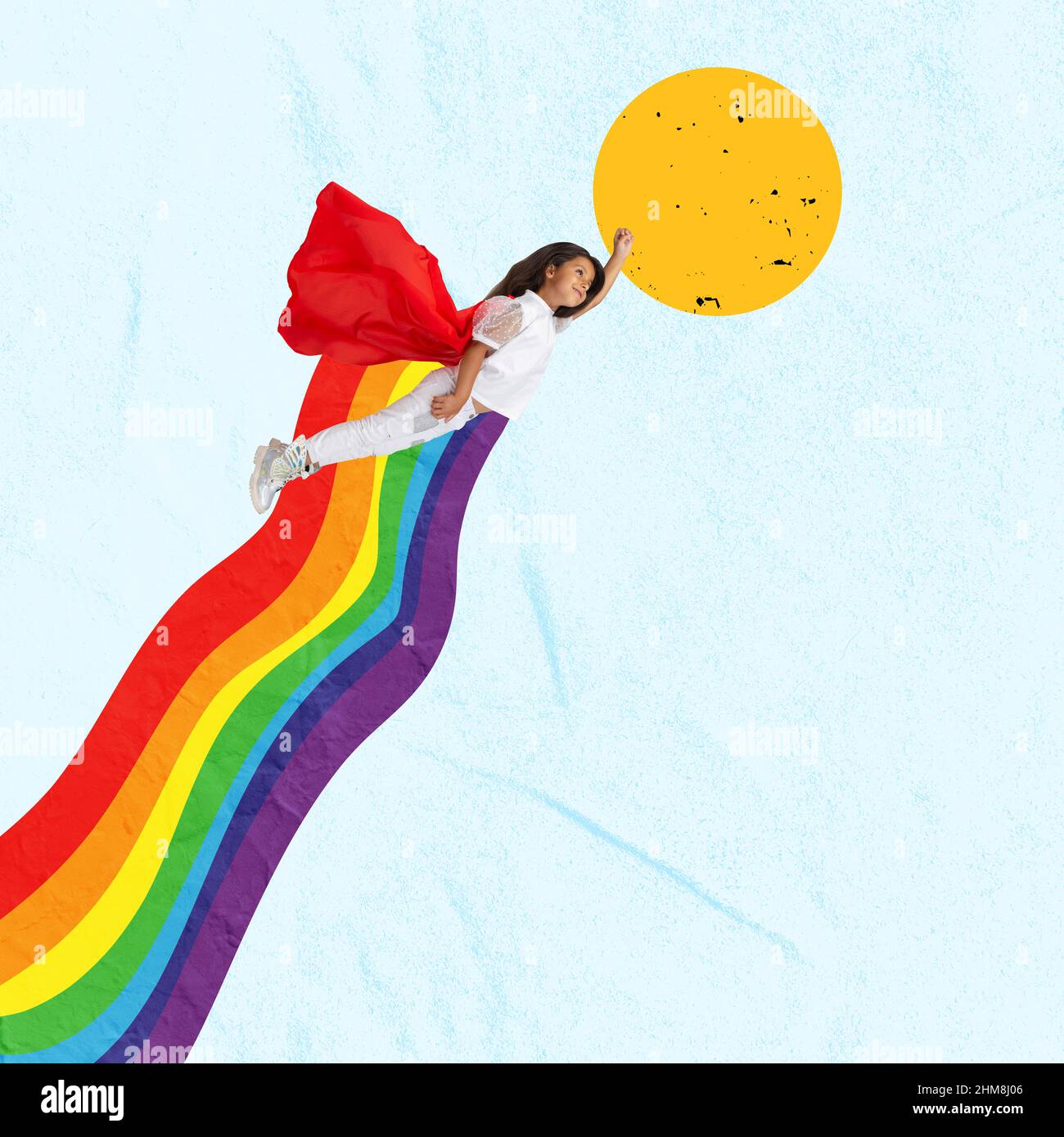 Creative colorful design. Contemporary art collage with little girl, child flying like superhero in mantle on rainbow Stock Photo