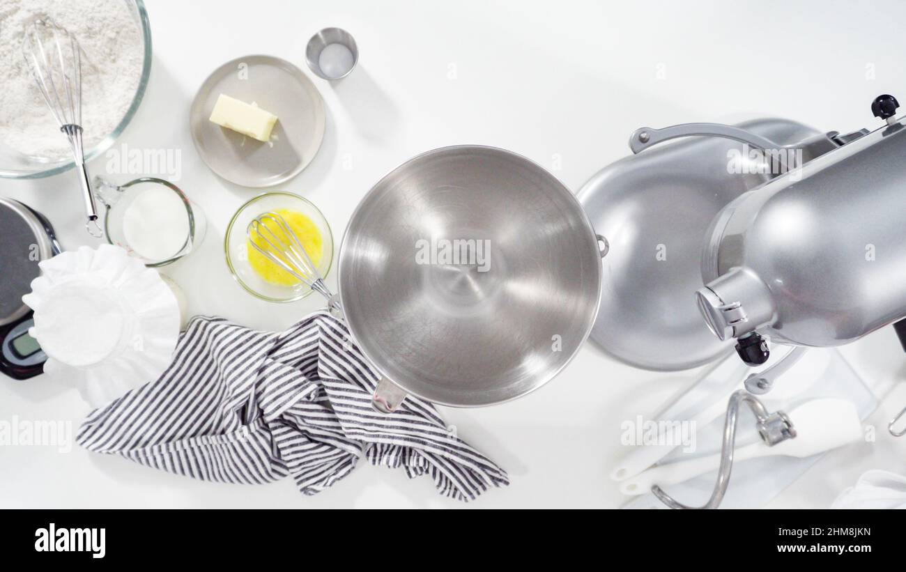 Flat lay. Mixing ingredients in a kitchen standing mixer to bake