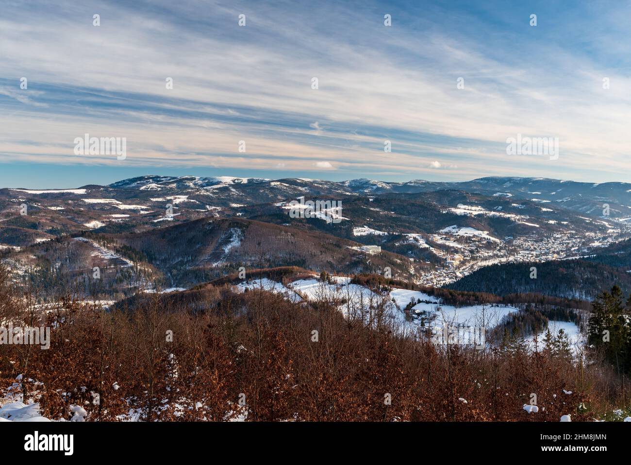 Winter Beskid Slaski mountains with Wisla resort, Skrzyczne, Barania Gora and many other hills from bellow Wielka Czantoria hill summit in Poland Stock Photo