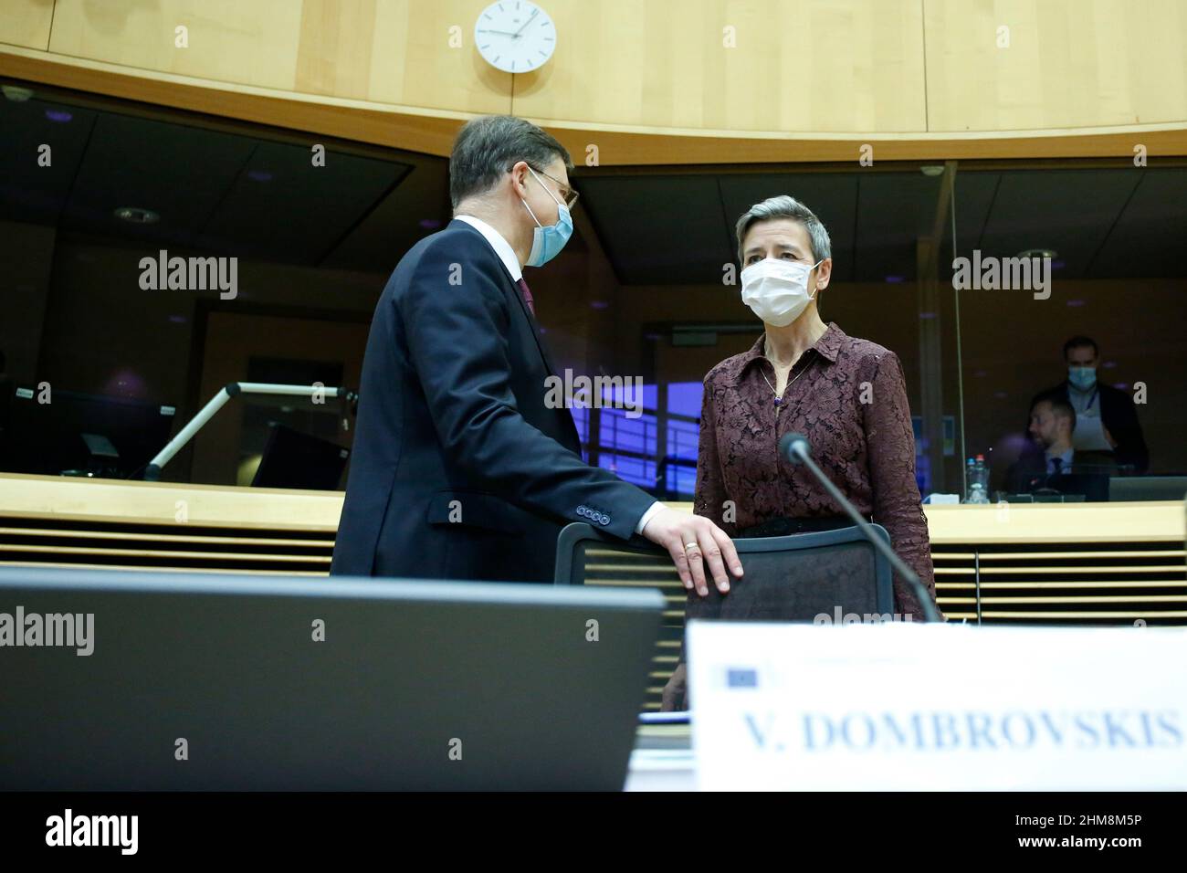 Brussels, Brussels Capital Region, Belgium. 8th Feb, 2022. European Commissioner for An Economy that Works for People Valdis DOMBROVSKIS, left, and Executive Vice-President Margrethe VESTAGER, right, during a meeting of the College of Commissioners at EU Commission headquarters in Brussels, Belgium, February 8, 2022. (Credit Image: © Valeria Mongelli/ZUMA Press Wire) Stock Photo