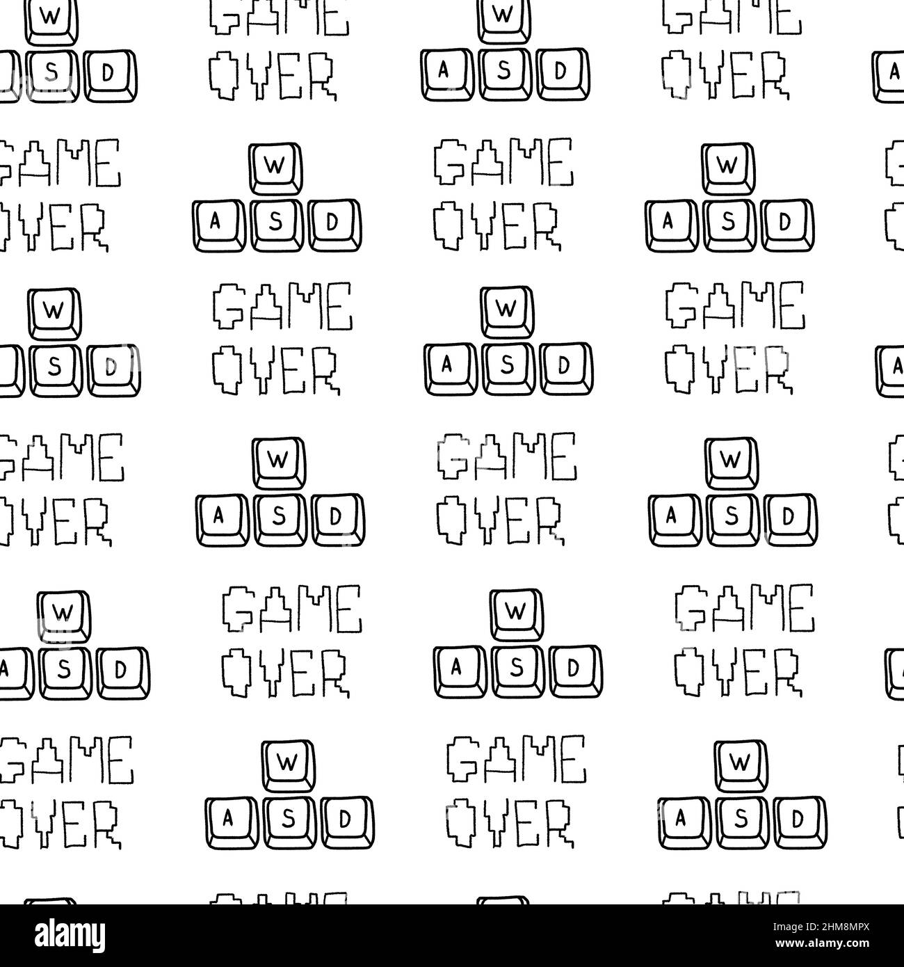 Video game seamless vector. Gaming concept vector illustration. Gamer doodle with WASD keys and game over text. Stock Vector
