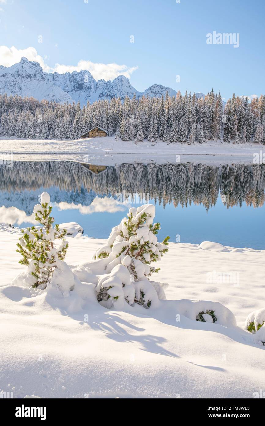 Lago avvolto da una copiosa nevicata autunnale, Lago Palù Valmalenco Italia Stock Photo