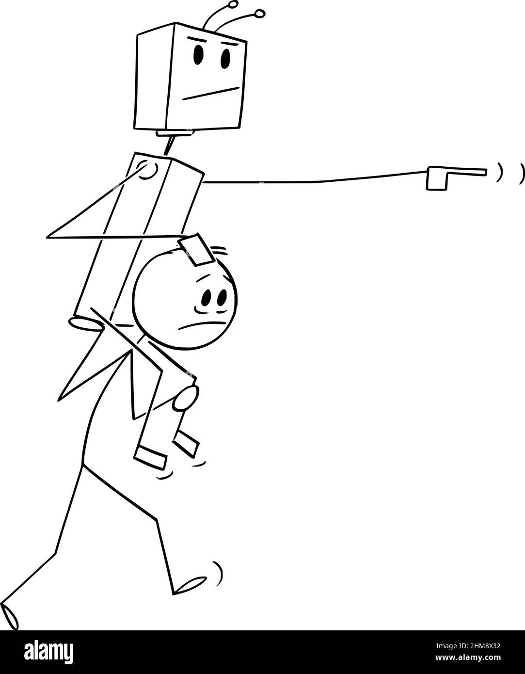 Human Carrying Robot on his Shoulders , Vector Cartoon Stick Figure Illustration Stock Vector