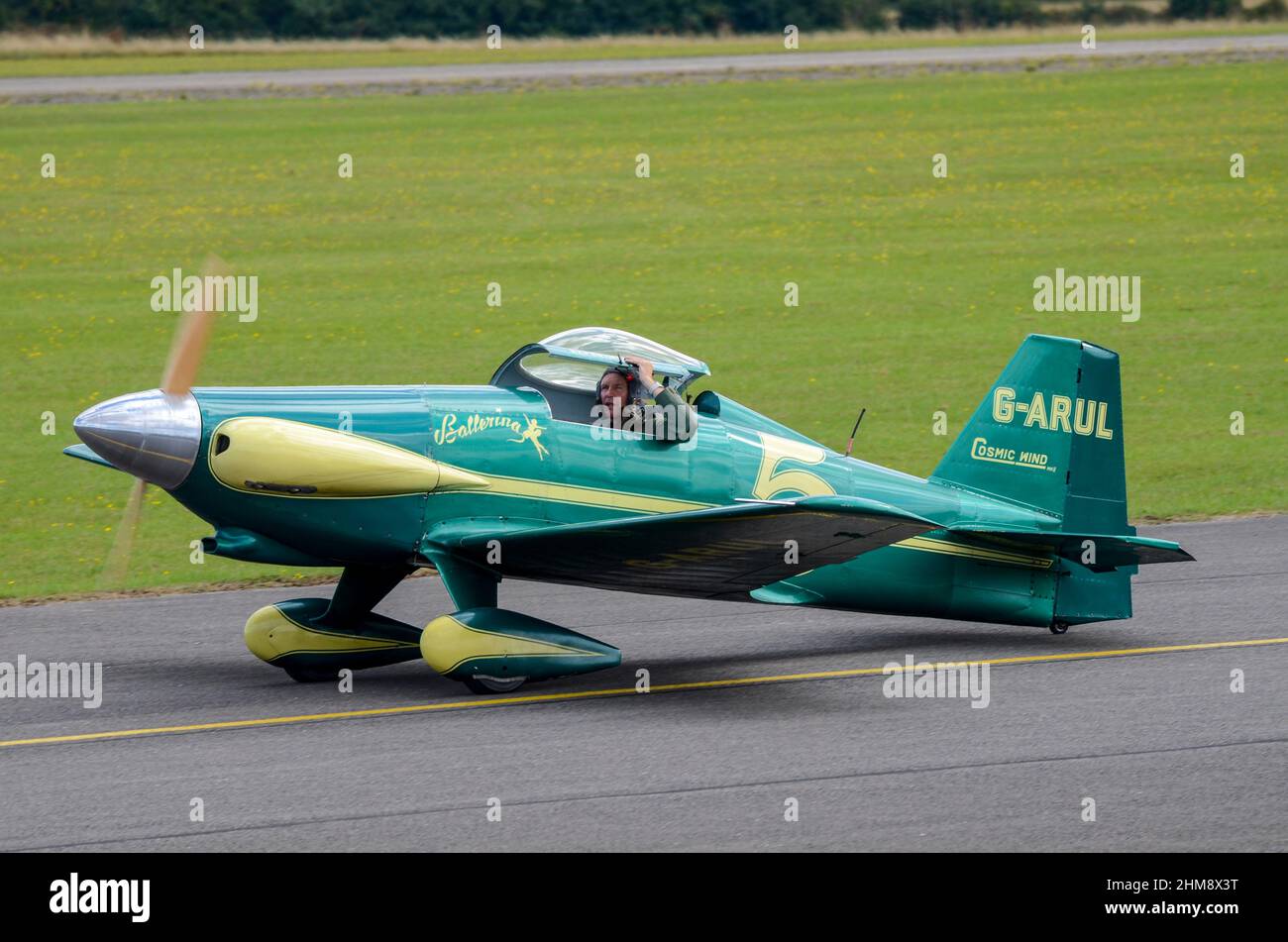 LeVier Cosmic Wind G-ARUL named Ballerina, a small single engine, single seat racing monoplane from the 1940s, taxiing at an airshow Stock Photo