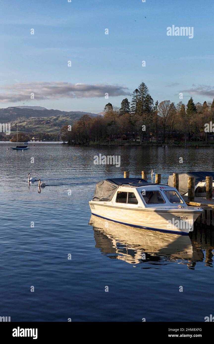 Early morning view of the boat 'Holly' moored at Whitecross moorings White Cross on Lake Windermere Stock Photo