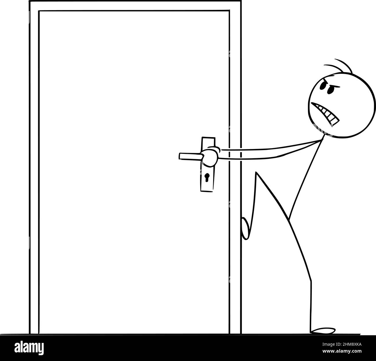 Person Trying to Open Locked or Blocked Door , Vector Cartoon Stick