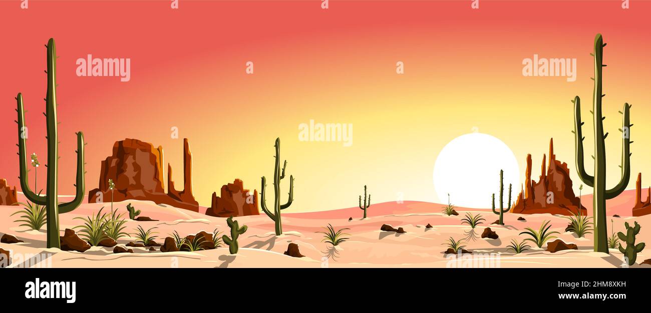 Sandy desert with cacti. Mountains and stones. Sunset in the desert ...