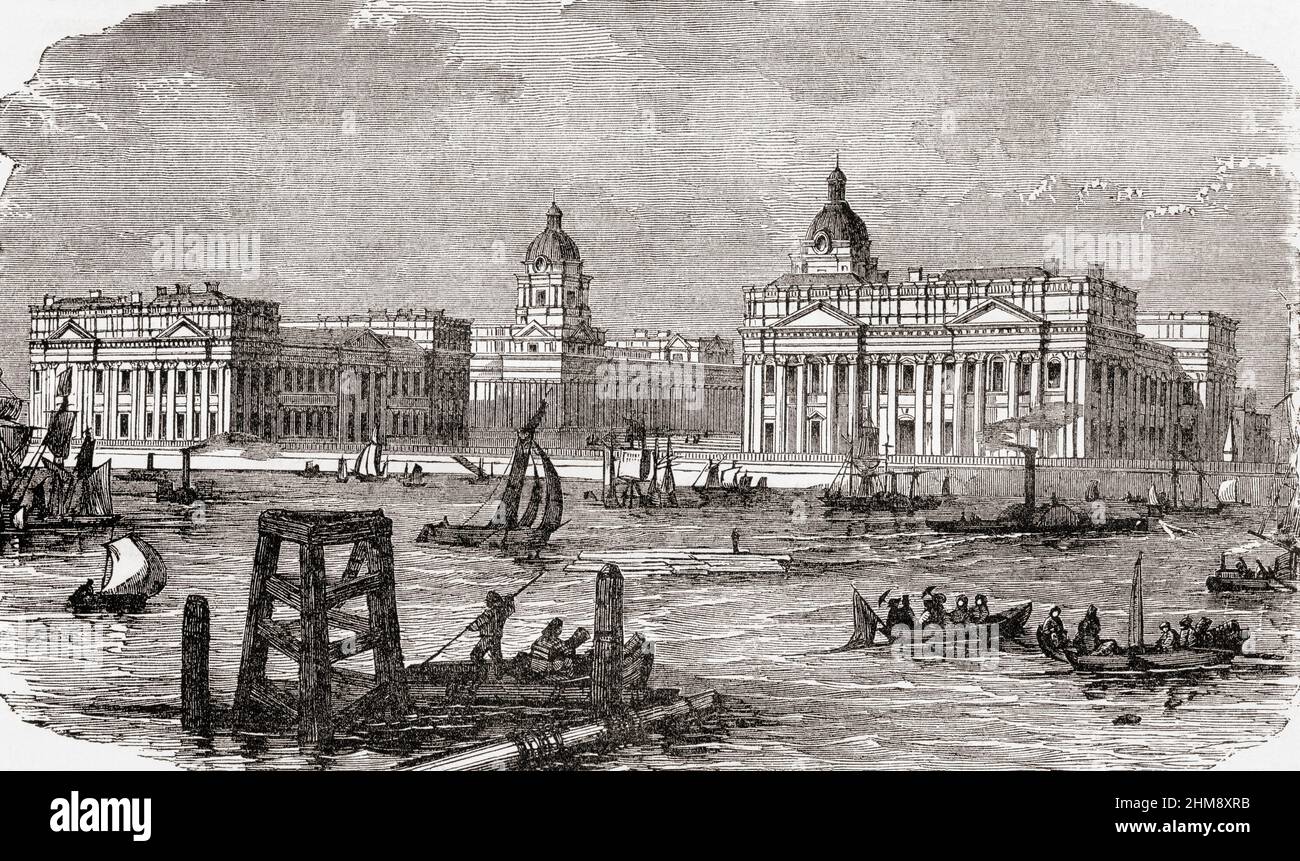 Greenwich Hospital, London, England, seen here in the 19th century.  The hospital was a permanent home for retired sailors of the Royal Navy, which operated from 1692 to 1869, it is now known as the Old Royal Naval College. From Cassell's Illustrated History of England, published c.1890. Stock Photo