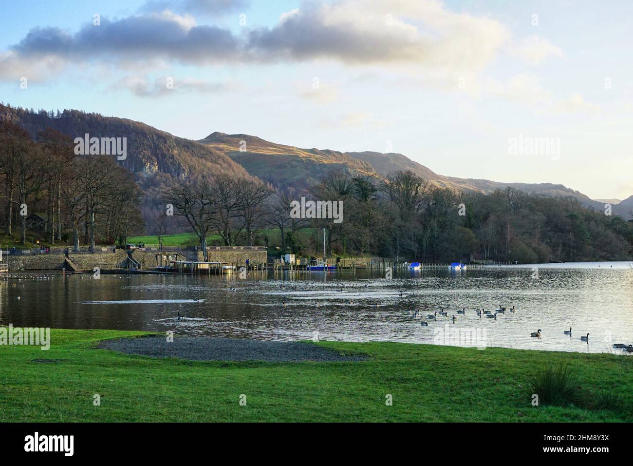 Looking towards Walla Crag from the shores of Derwent water in winter Stock Photo
