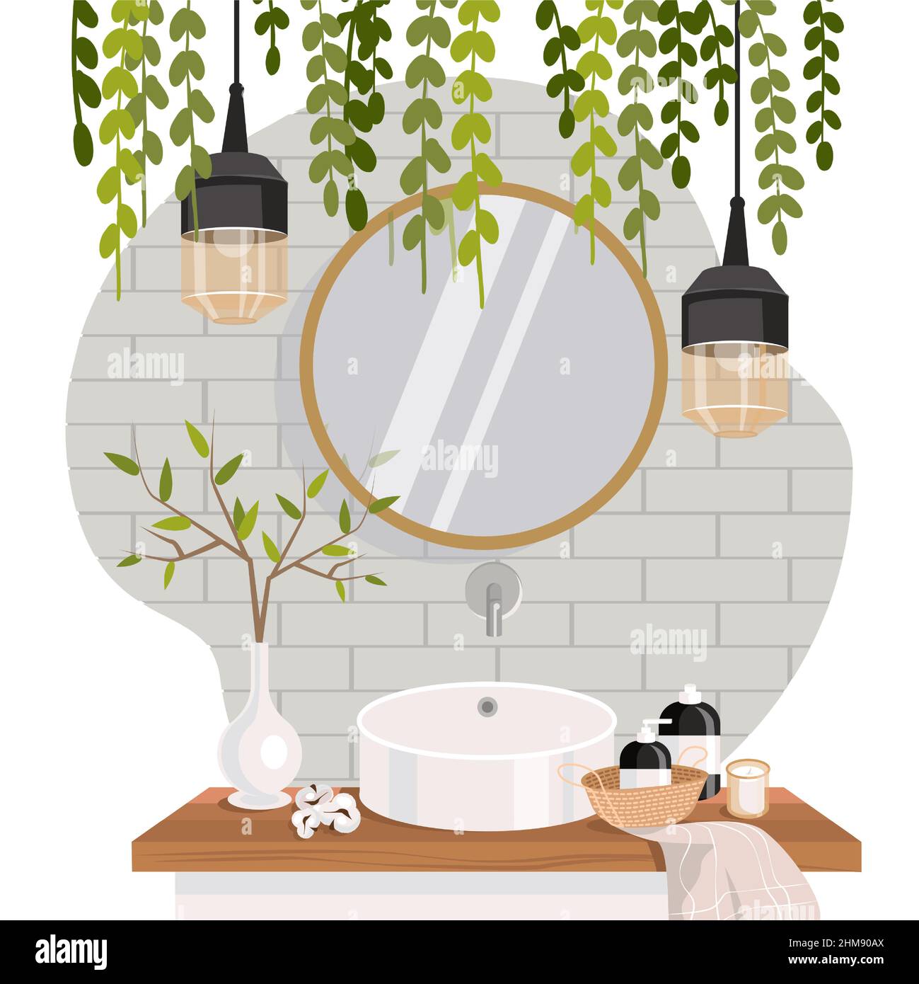 Cozy bathroom with green plants and stylish things. Vector illustration ...