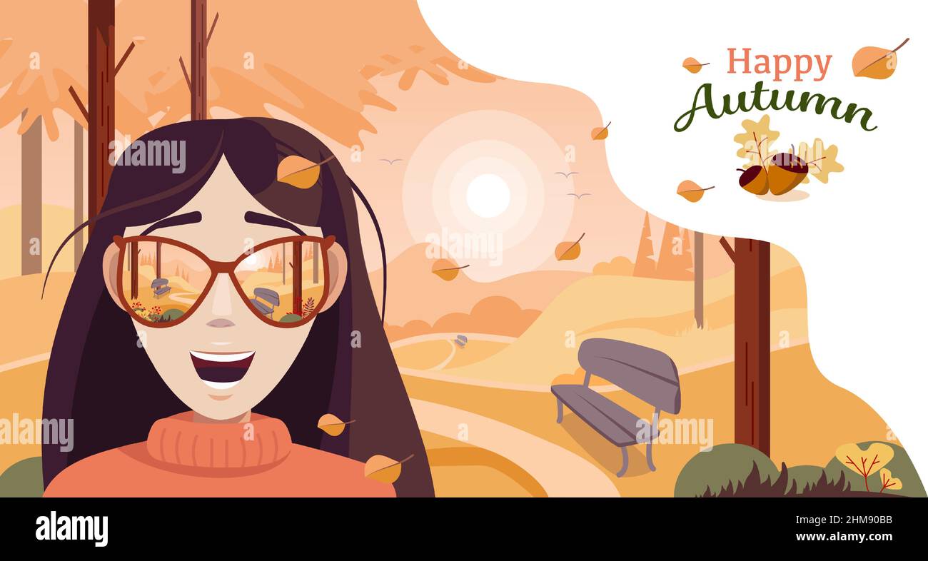 Smiling girl in the autumn park. Warm weather. Autumn landscape in warm colors. Vector illustration Stock Vector
