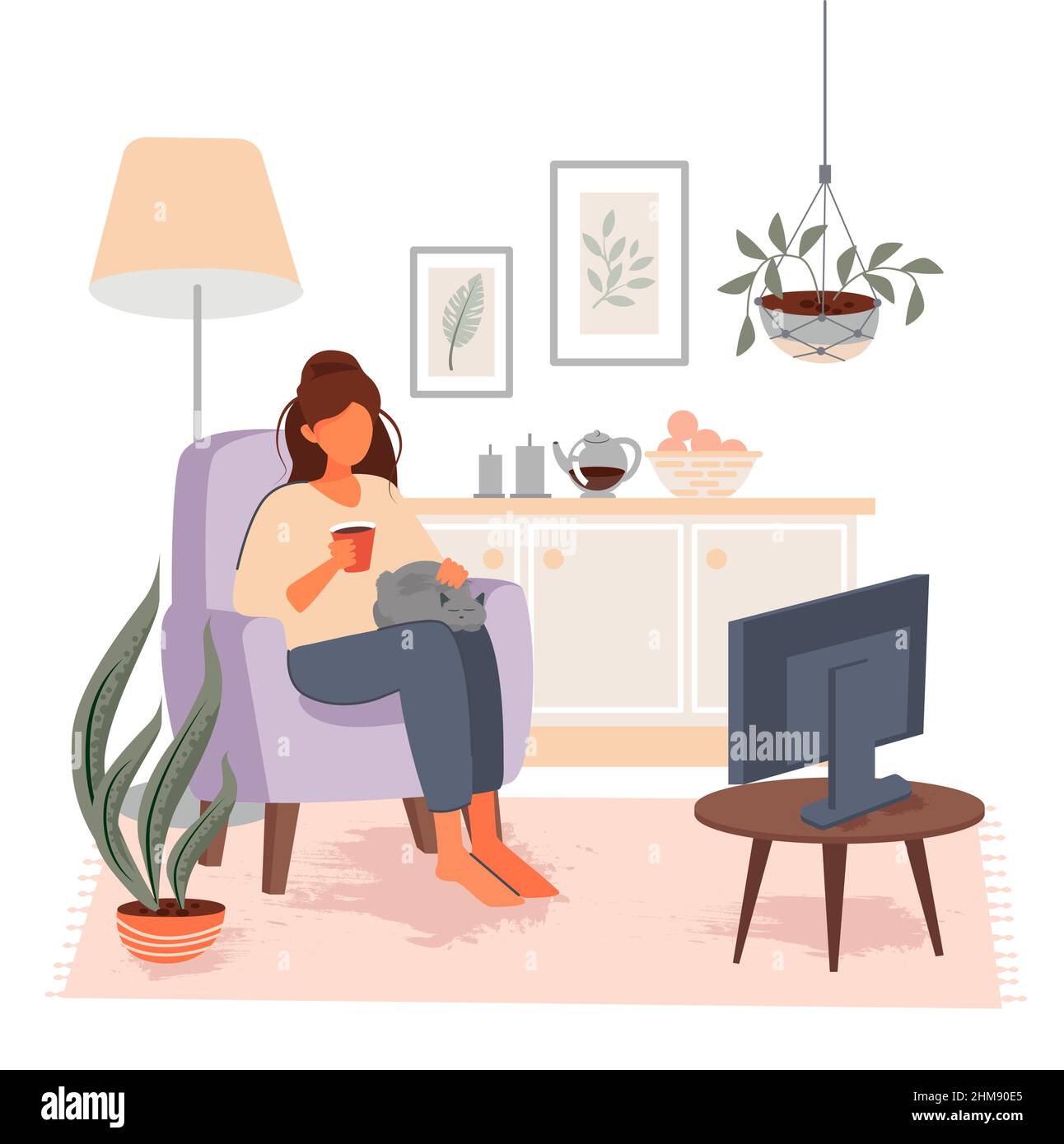 A girl watches TV while sitting on an armchair with a cat and a mug of tea. Vector illustration. Stock Vector