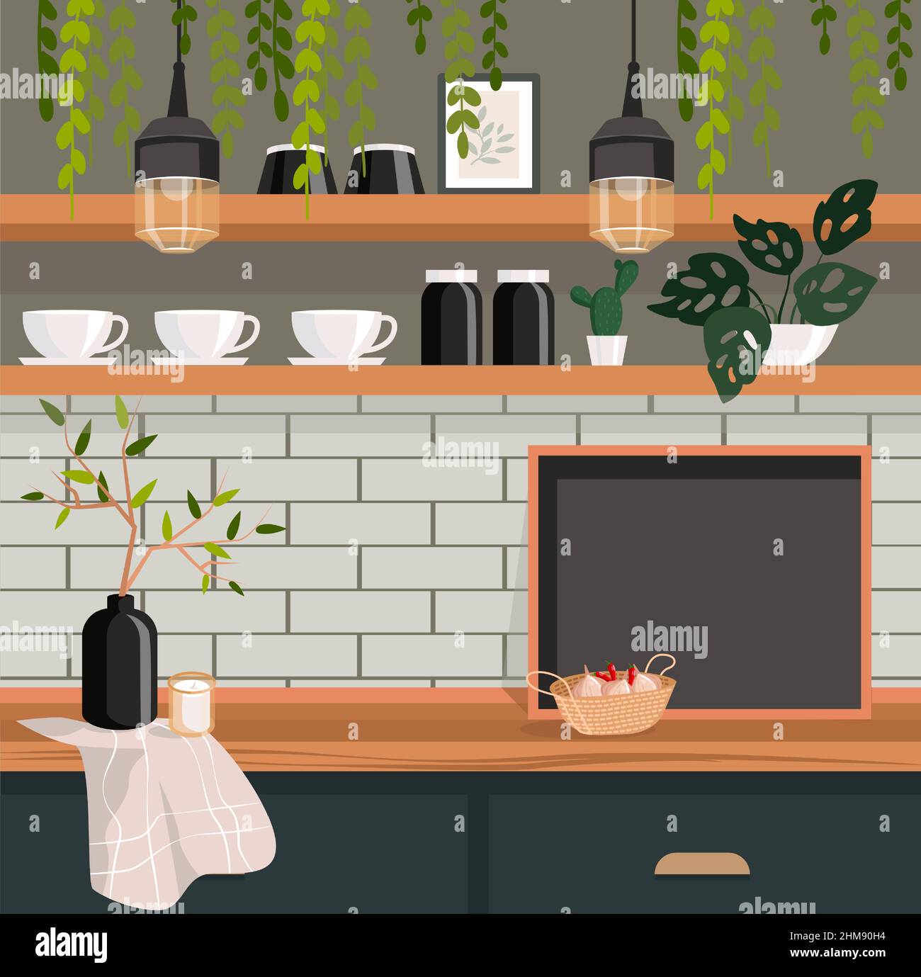 A fragment of a cozy kitchen with a chalk board, green plants and utensils. Vector illustration. Stock Vector