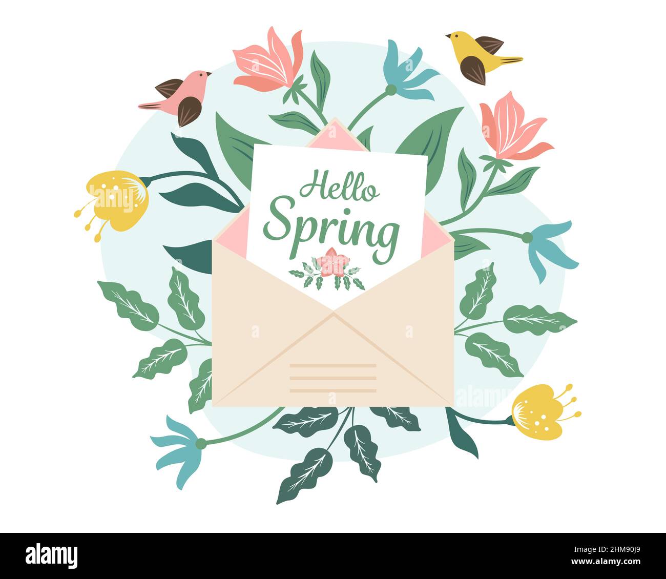 Envelope with spring flowers and birds. Hello spring postcard. Vector illustration. Stock Vector
