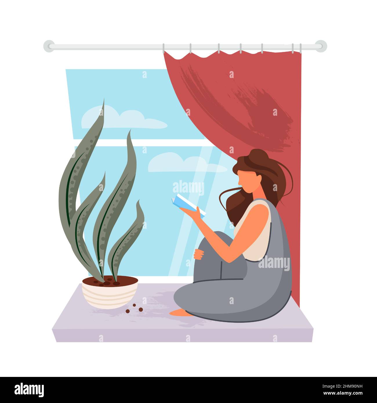 The girl reads a book on the windowsill. Window with a flower. Vector illustration. Stock Vector