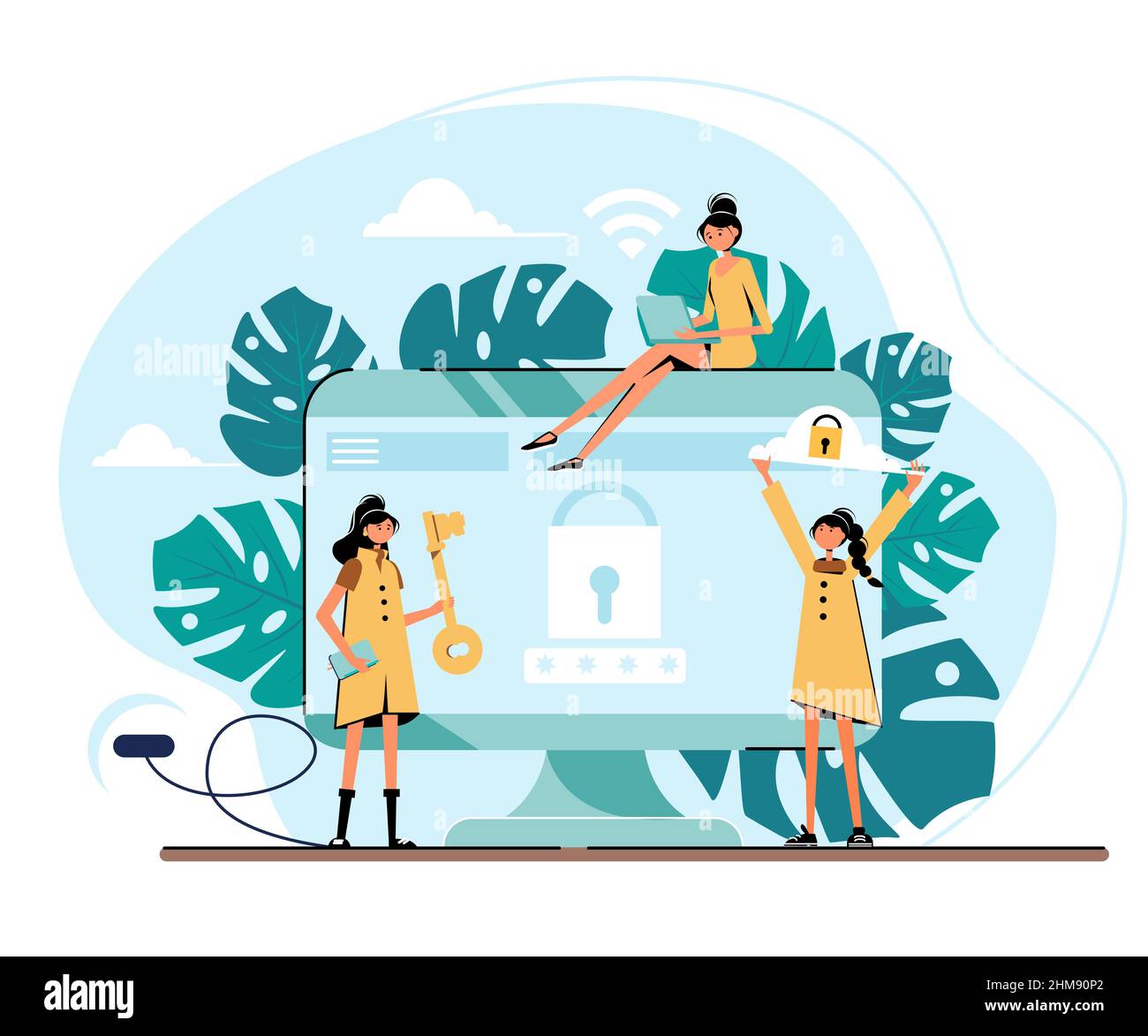 Vector illustration of big computer monitor with key and lock and tiny pretty women cartoon characters. Computer protection concept for web banner, we Stock Vector