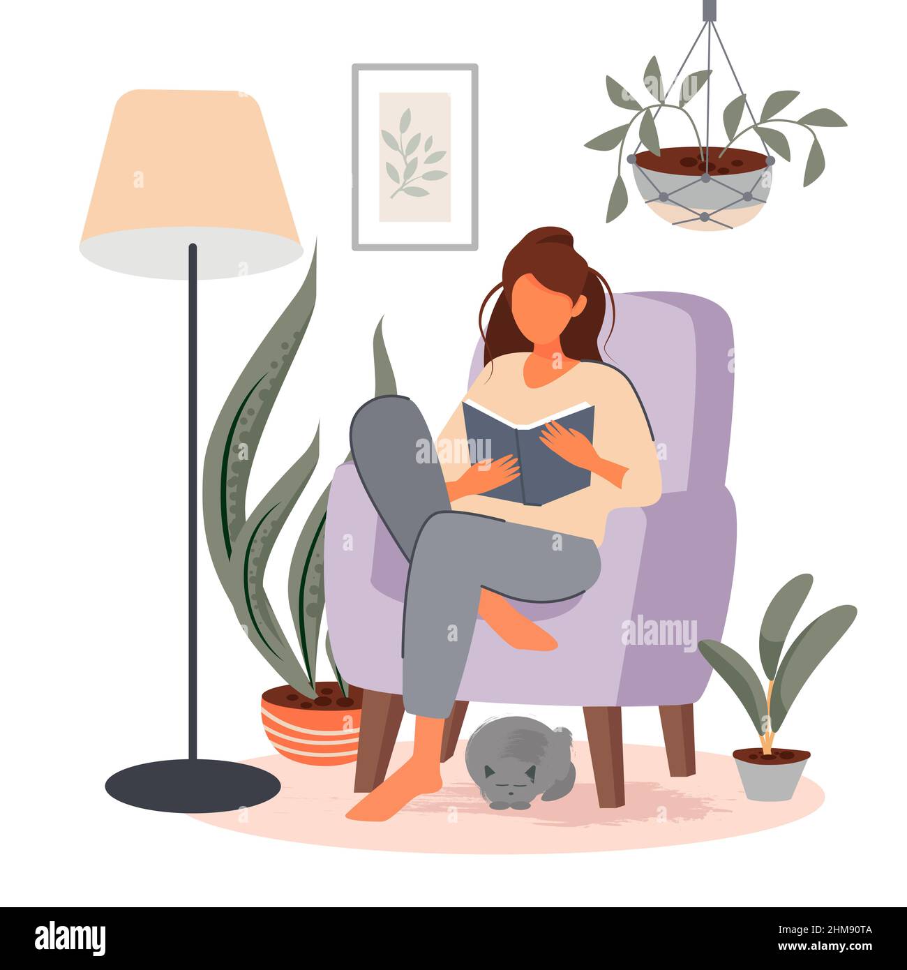 The girl is reading a book in an armchair. Cozy interior with plants, a lamp and a cat. Vector illustration. Stock Vector