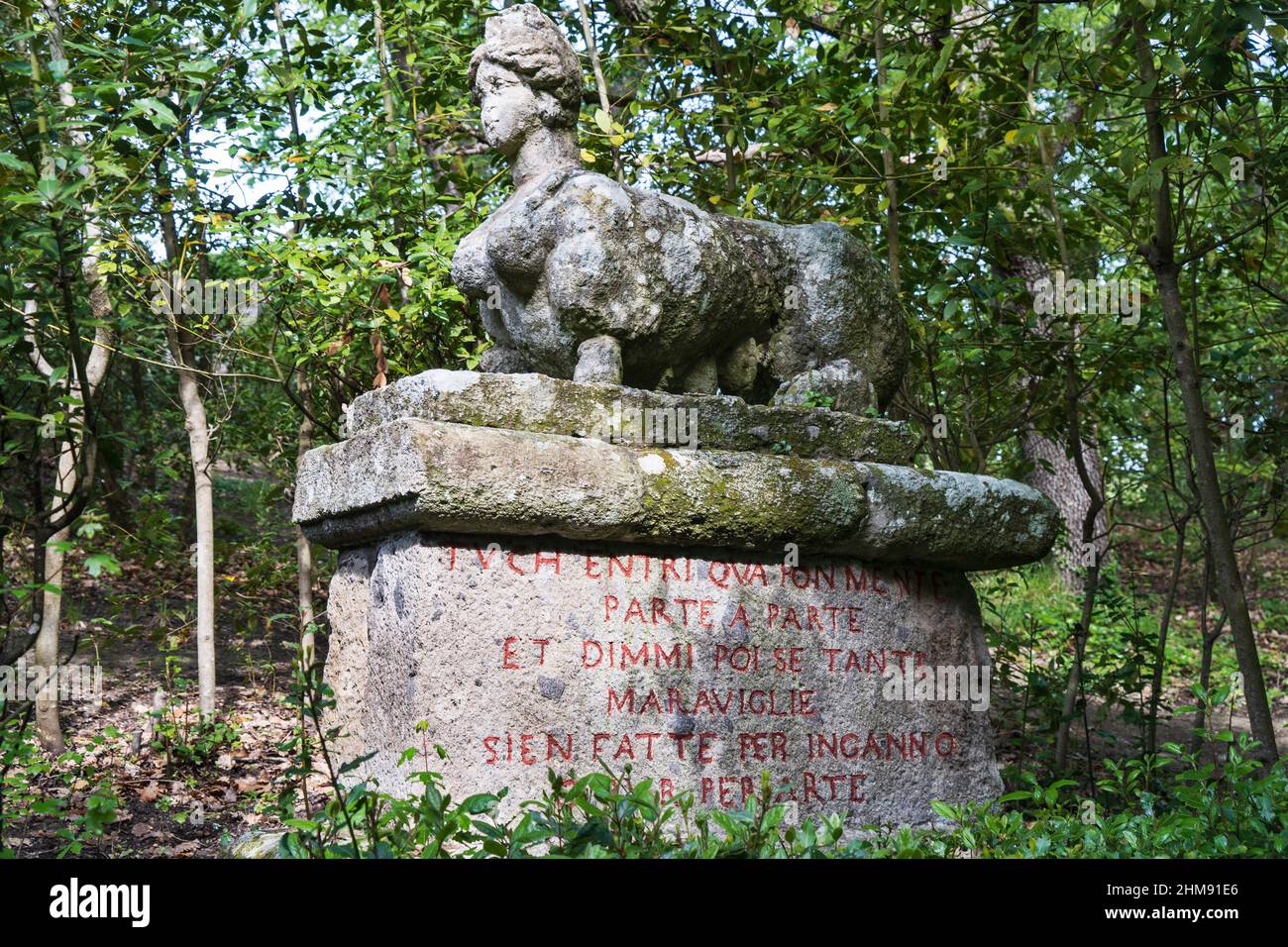 The Sphinx Greek, the Sacro Bosco, Sacred Grove colloquially called Park of the Monsters, XVI century, Parco dei Mostri in Italian, Lazio, Italy, Euro Stock Photo