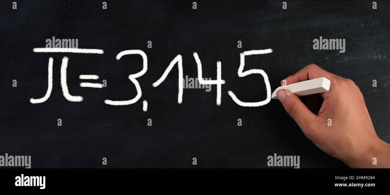 The mathematical constant pi 3,145 is standing on a chalkboard, defined in Euclidean geometry as the ratio of a circle's circumference to its diameter Stock Photo