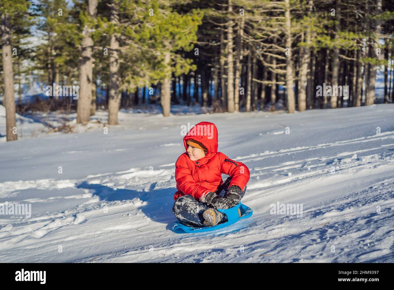 happy and positive little boy enjoying sledding and cold weather ...
