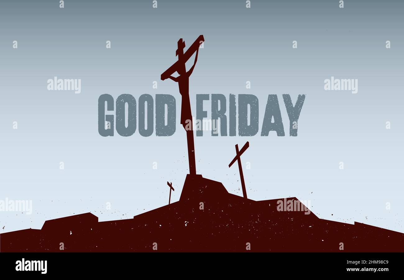 Good Friday image with image of crucifixion of Jesus Christ on Calvary, with two thieves. Silhouette image is dark red with gray-blue sky background Stock Vector