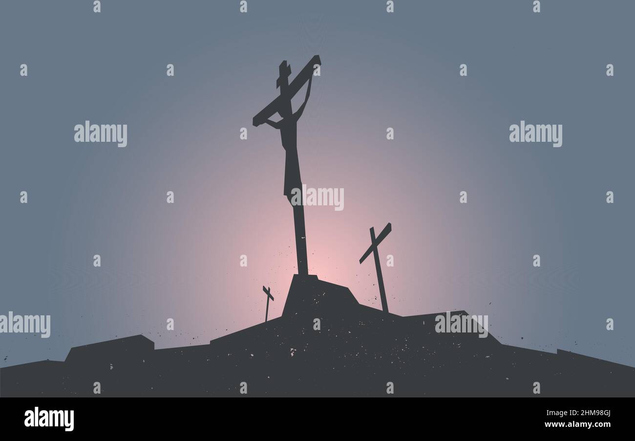 Silhouetted image of the Crucifixion of Jesus Christ and the two thieves on Golgotha or Calvary, with blue and pink background. Stock Vector