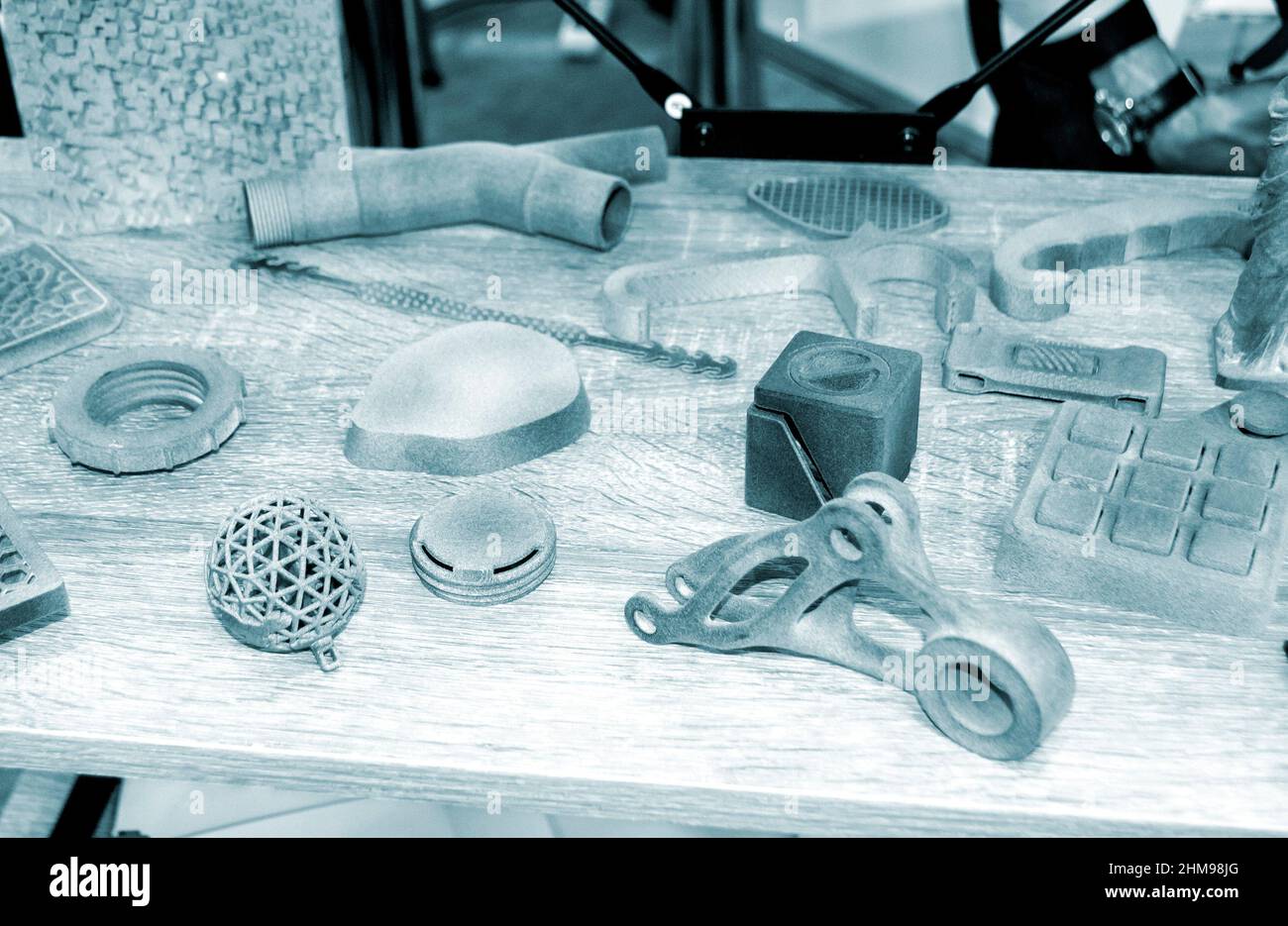 Different gray models printed on 3d printer from powder close-up. Stock Photo