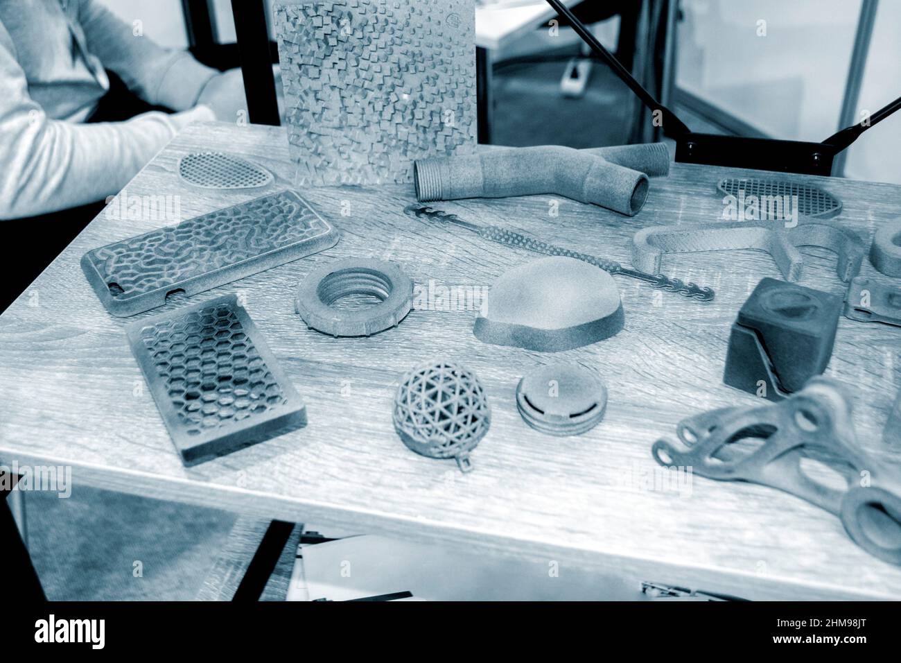 Gray abstract models printed on 3d printer from powder close-up. Stock Photo