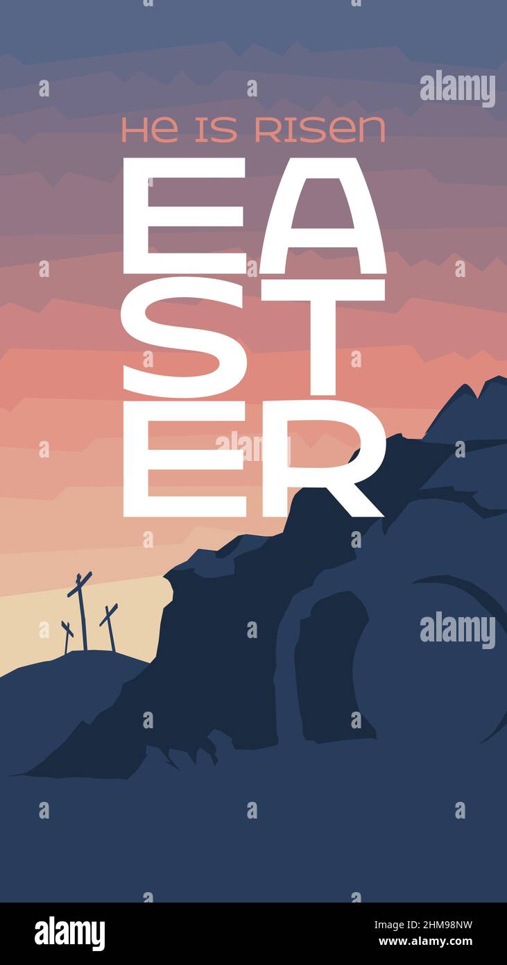He is risen. Tall, story friendly image depicting the empty tomb, celebrating the resurrection of Jesus Christ, on Easter Sunday. Calvary in backgroun Stock Vector