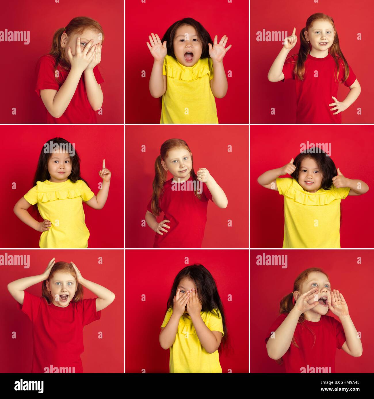 Collage made of portraits of two little kids, girls isolated on red ...