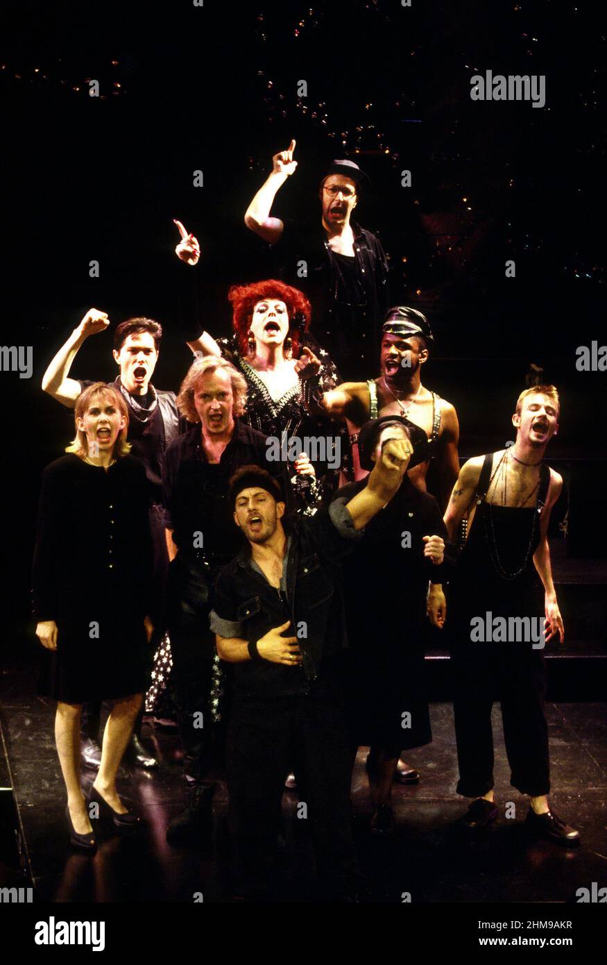 2nd row, left: Trudie Styler, Sean Mathias  right: James Dreyfus  3rd row, centre: Regina Fong  rear top: Simon Fanshawe in ELEGIES FOR ANGELS, PUNKS AND RAGING QUEENS at the Criterion Theatre, London SW1  17/06/1993  a King’s Head 1992 production  written & directed by Bill Russell  music: Janet Hood  costumes: Tim Heywood Stock Photo