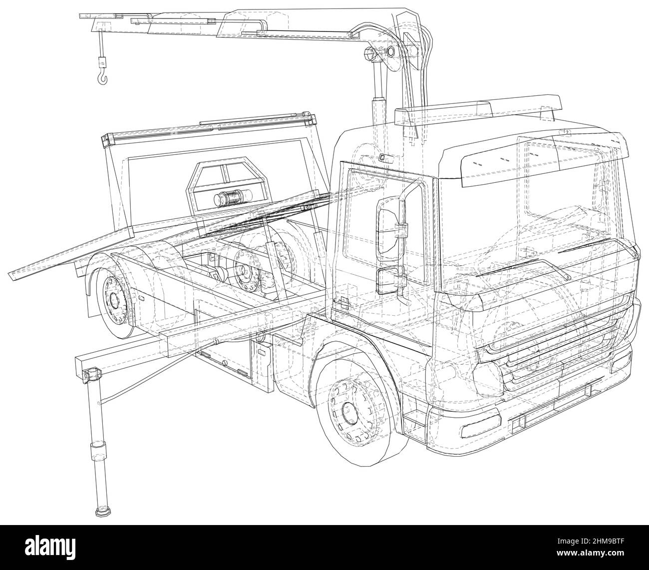 Vector Illustration of Tow Truck. Towing. Drawing outline isolated on white background Stock Vector