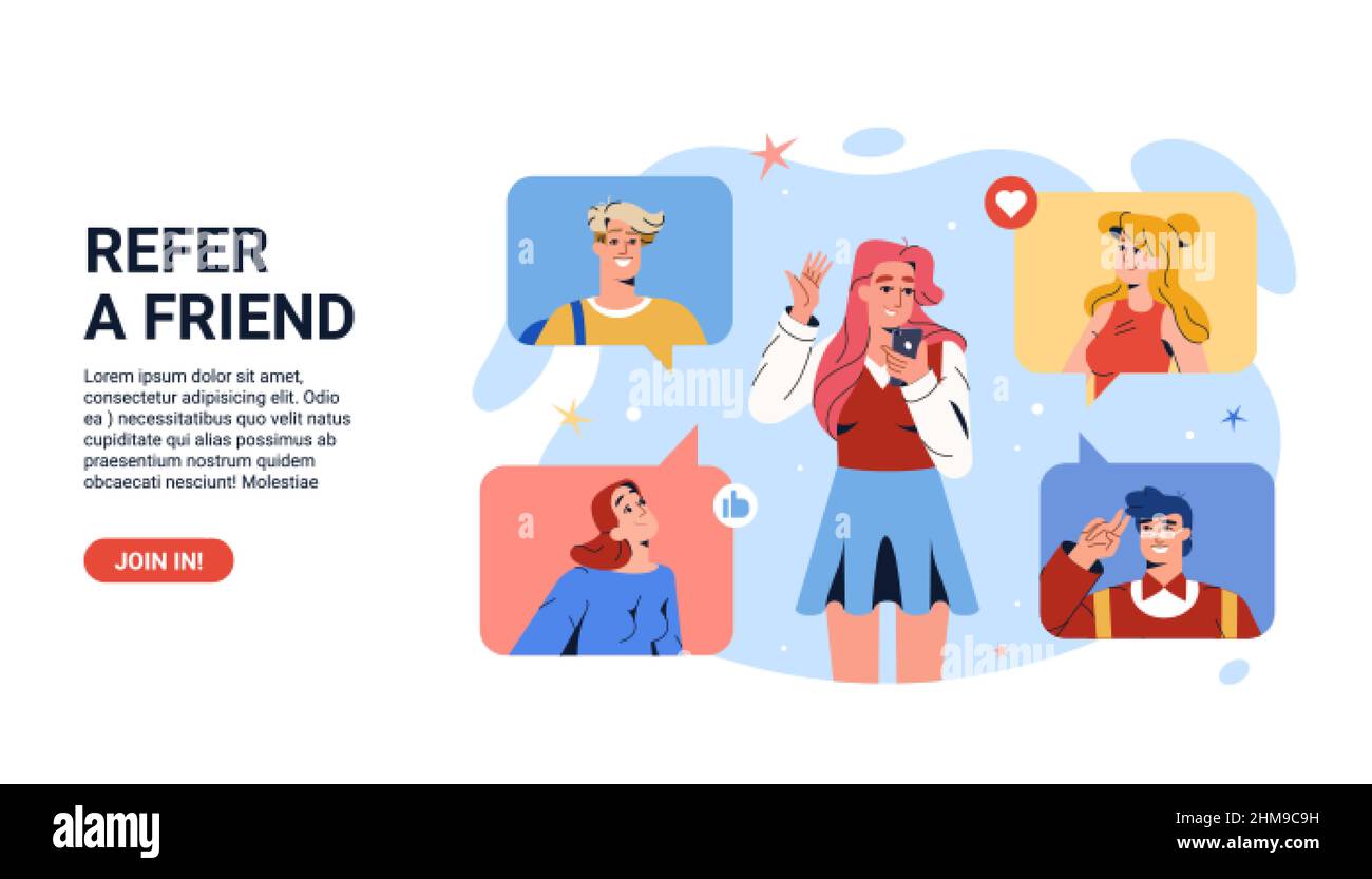 Refer a friend web landing page. Flat young woman with smartphone invite  friends for community on social media group. Earn rewards, money bonus from  online program. Referral marketing strategy banner Stock Vector
