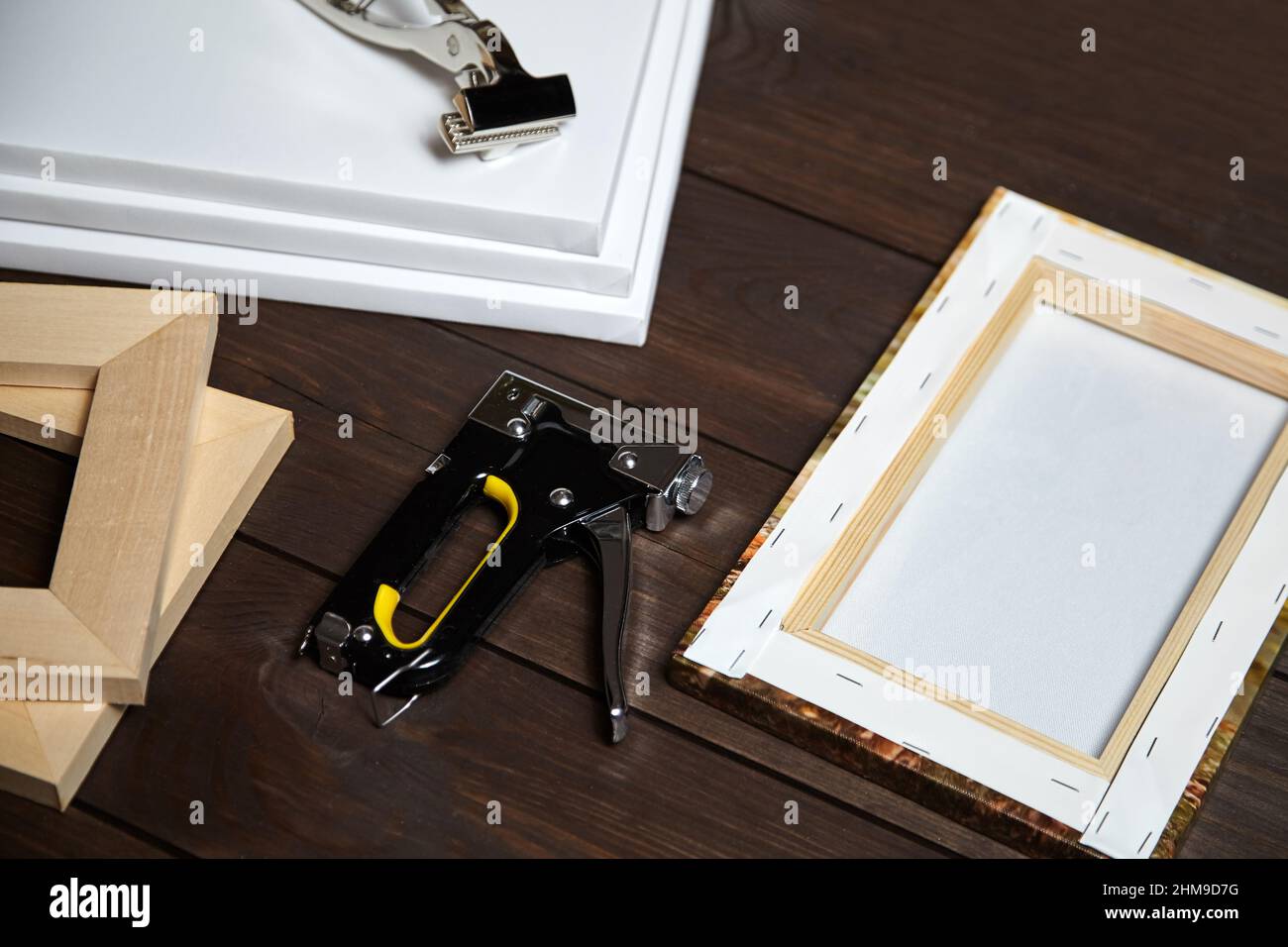 Canvas stretching on wood stretcher bar. Photo printed on canvas (back