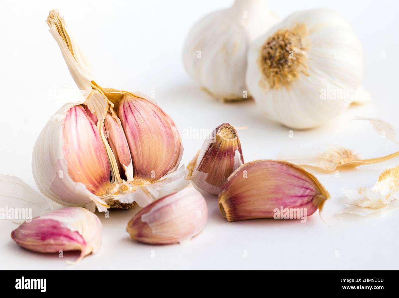 garlic heads and cloves on white background Stock Photo - Alamy