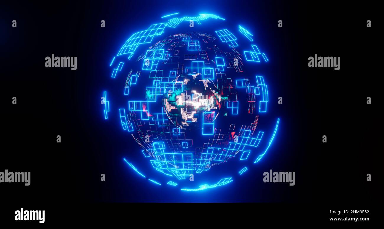 3D neon glowing sphere? Nuclear energy. Technology background. Stock Photo